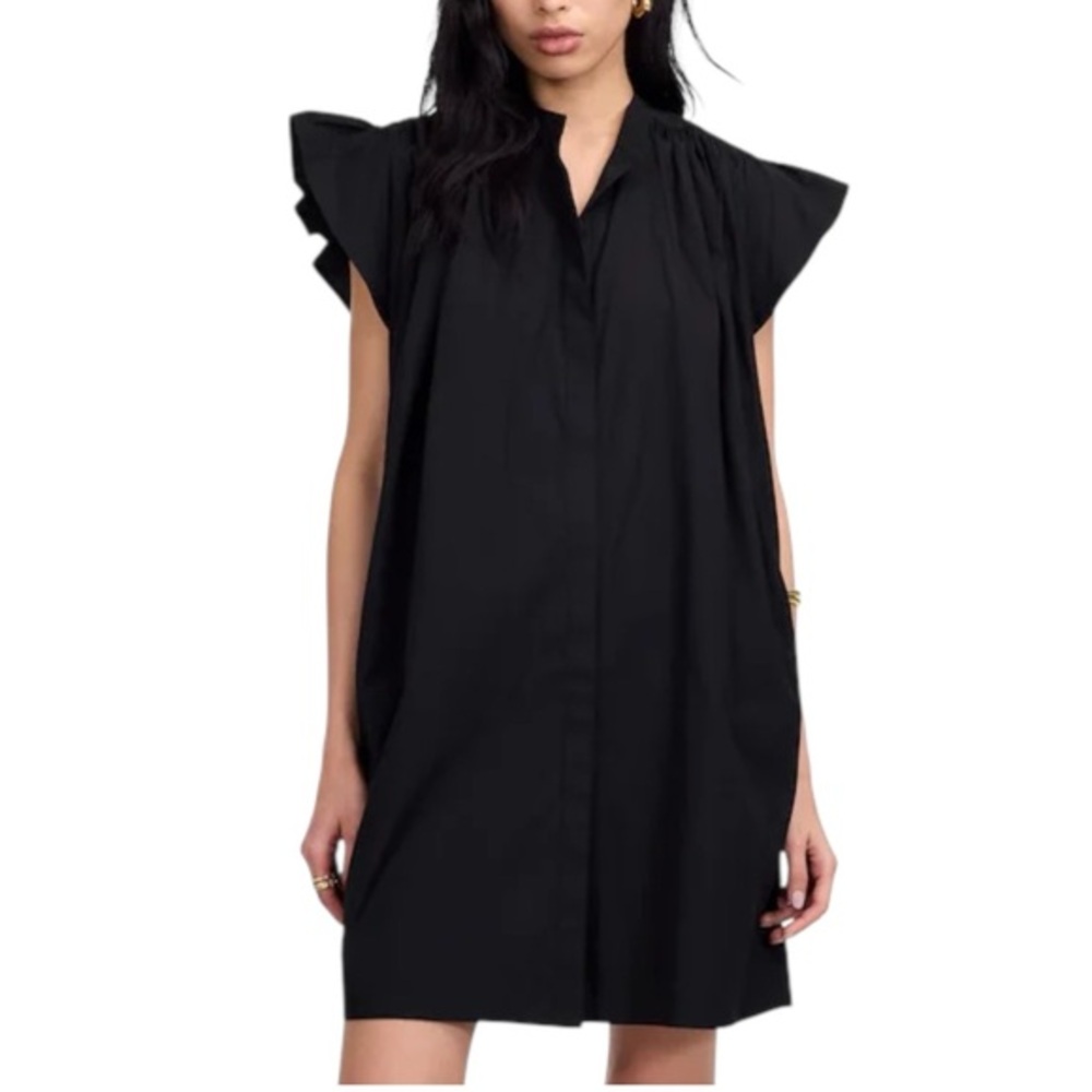 NWT Madewell Flutter Sleeve Button-Front Mini Dress in Poplin Black size Small
